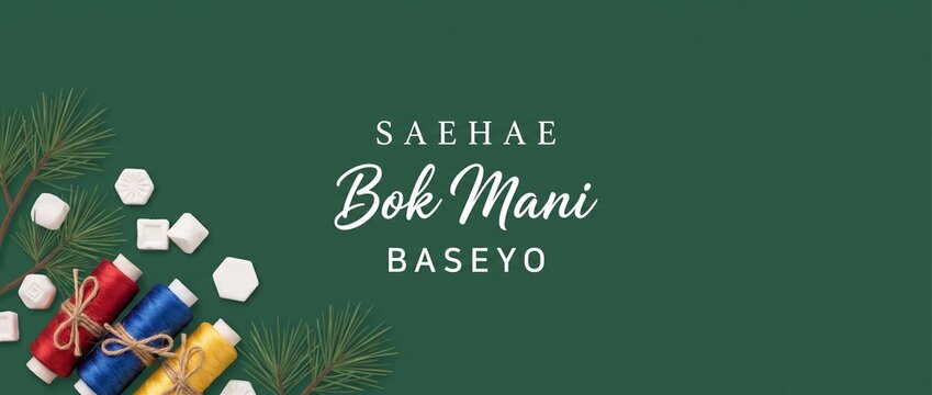 Korean New Year background banner celebrating Seollal holiday with traditional thread spools, pine branches, and Korean greeting text on dark green flat lay with copy space for seasonal design.