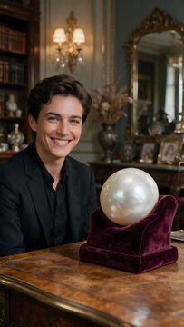 Cinematic photorealistic portrait of a smiling person beside a giant glowing oyster pearl on a black velvet pedestal. Dramatic studio lighting highlights the luxurious and elegant atmosphere.
