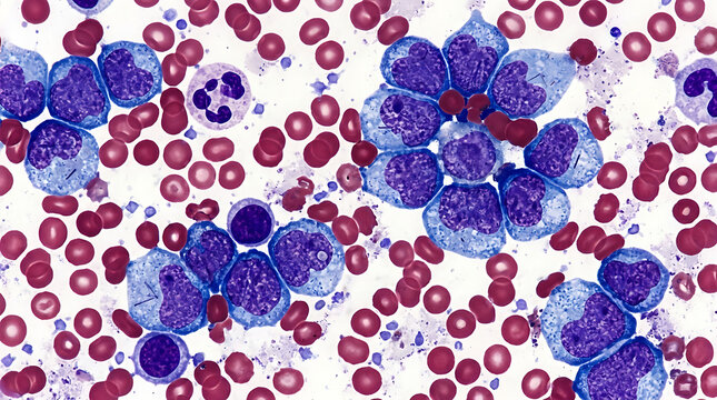 Microscopic view of leukemia blood cells in medical research