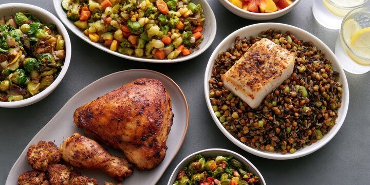 Balanced Healthy Dinner with Roasted Chicken, Fish, Lentils, Wild Rice, Roasted Vegetables, Peaches & Lemon Water