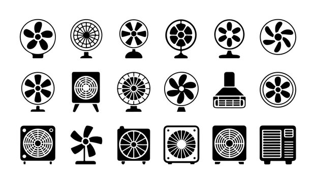Collection of various black outline fan icons on white background, representing diverse cooling appliances.