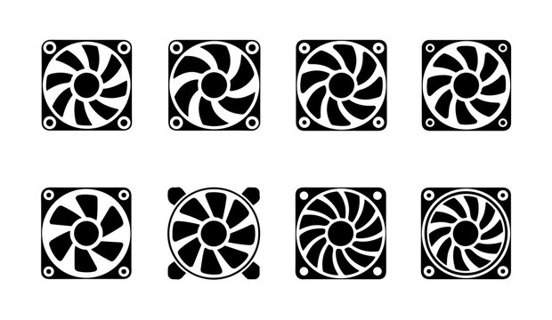 Computer cooling fan vector set with various blade configurations for electronic hardware thermal management.