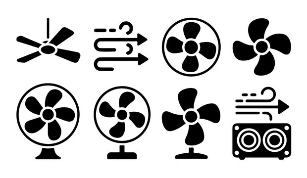 Ventilation icon collection featuring ceiling fan and wind symbols for indoor air flow and cooling systems.