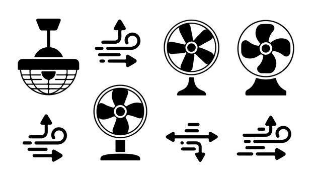 Airflow movement symbols with ceiling fan and desk cooling units in minimalist black vector illustration pack.