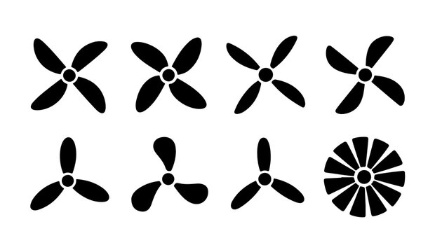 Set of eight black propeller icons on white background, illustrating various fan and air circulation symbols.