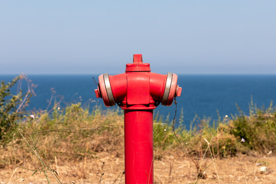 Bright red fire hydrant standing against a clear blue sky and calm ocean, surrounded by dry grass, perfect for safety, infrastructure, and coastal themes.