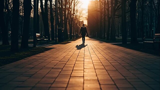 A lone person walks down a park path at sunset time