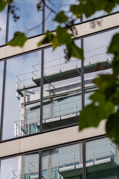 Foreground leaves frame a glass facade in reflection, revealing an office balcony within modern architecture that brings a corporate layer to the urban scene.