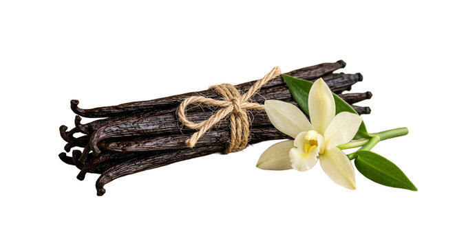 Vanilla beans bundle with fresh vanilla flower and green leaves on white background.