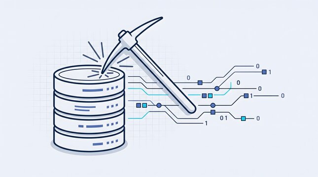 Data mining concept featuring pickaxe extracting digital information from database server stack