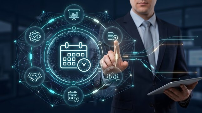 Project management software interface concept with executive pressing digital schedule and time tracking hologram