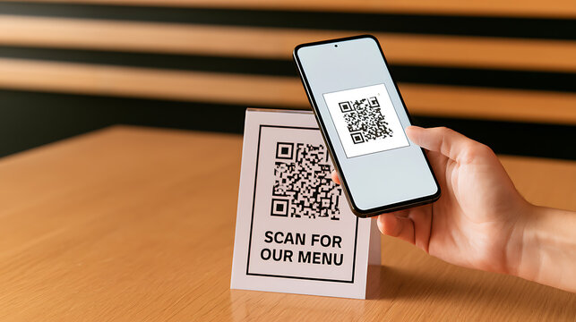 Modern contactless menu access via QR code display and smartphone scan on a wooden table in a cafe or restaurant setting, showcasing technology adoption