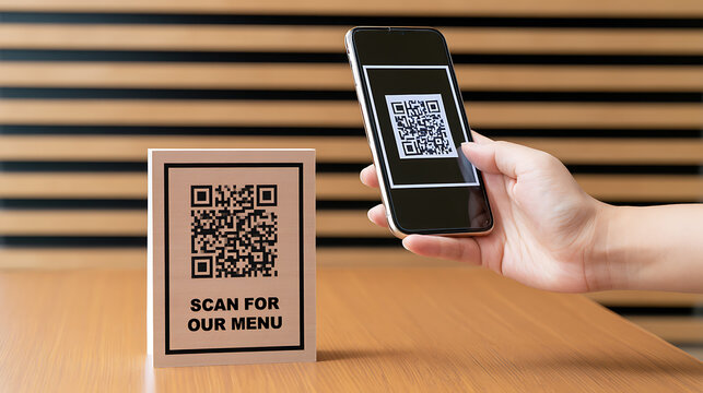 A person uses a smartphone to scan a QR code on a tabletop display, accessing a digital menu in a modern restaurant or cafe environment