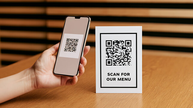 Person Use Smartphone Scan QR Code Table Restaurant Cafe Technology Digital Menu Order Service Touchless Concept QR Code Reader App