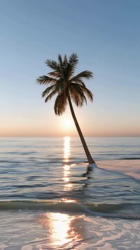 Tropical beach with palm trees and ocean waves during a peaceful golden sunset
