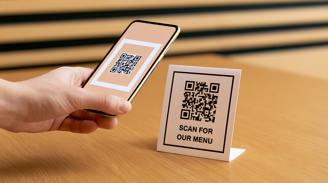 A hand holds a modern smartphone, scanning a QR code on a stand that invites patrons to view a menu, on a wooden table, showcasing digital convenience