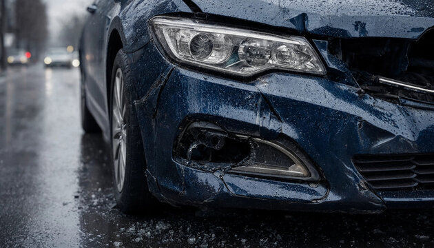 Close-up of damaged car front with cracked headlight and dented bumper after collision on wet road
