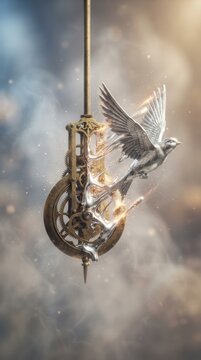 Metallic bird emerging from a vintage clock mechanism