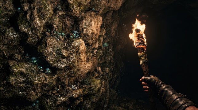 Person holding flaming torch in a dark cave