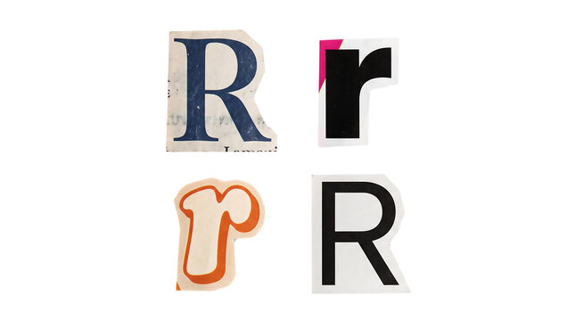 Four different cut-out letters 'R' from various sources, presented against a white background.