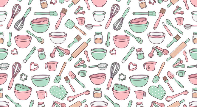 Seamless Vector Pattern of Cute Minimalist Baking Tools and Kitchenware in Pastel Colors