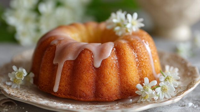 Glazed Bundt Cake Decorated with White Flowers on Vintage Plate