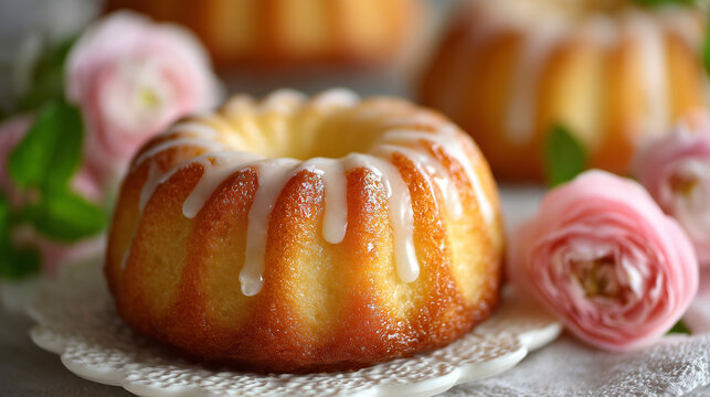 Golden Bundt Cake with White Glaze and Pink Peony Flowers