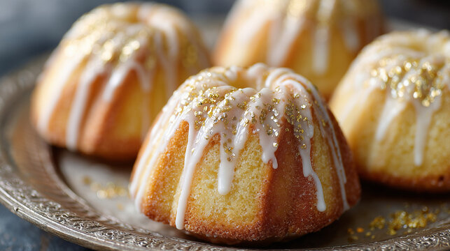 Mini Bundt Cakes with White Glaze and Gold Sprinkles