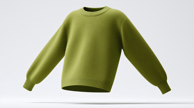 Olive Green Wool Sweater Floating Against Minimal White Background