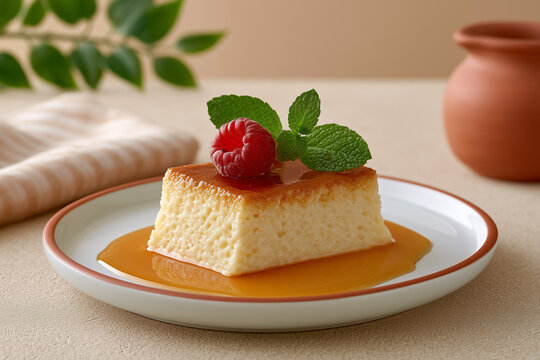 Caramel Flan Dessert with Raspberry and Fresh Mint