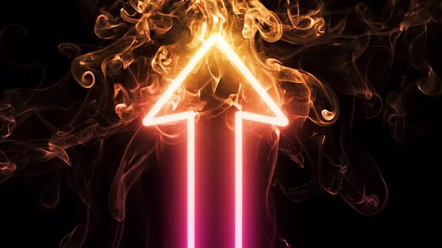 Glowing Neon Upward Arrow with Burning Fire and Smoke Effects, Isolated on Solid Black Background