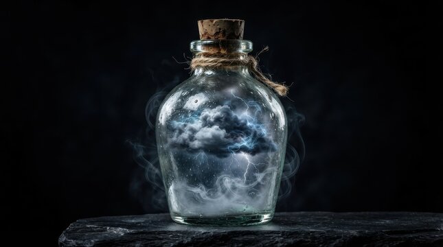 Storm cloud with lightning trapped inside a glass bottle