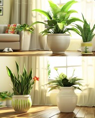 Fototapeta premium Sunlit Modern Living Room with Lush Green Indoor Potted Plants