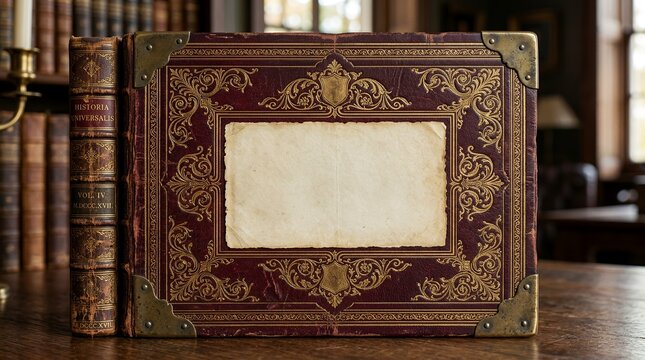 Antique leather book cover with embossed gold border frame.