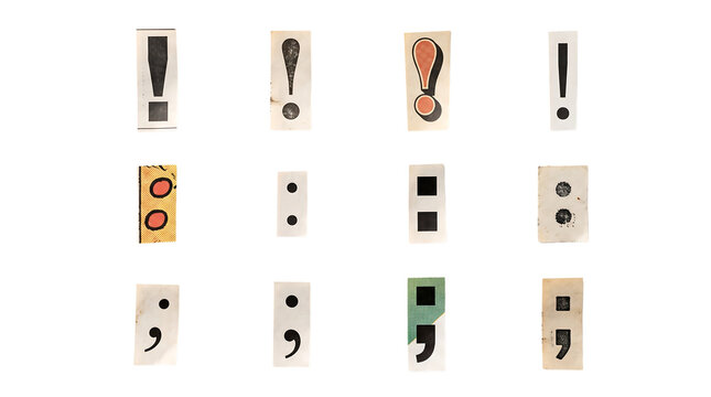 A collection of punctuation marks, including exclamation points, colons, and semicolons, cut from various papers and arranged in a grid.