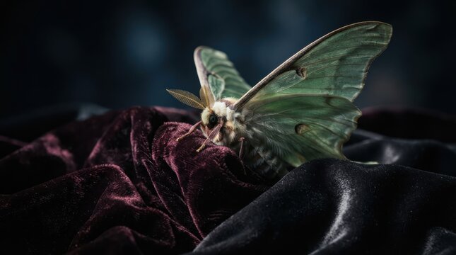 Luna moth resting on dark velvet fabric