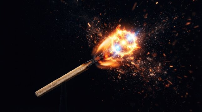 Wooden matchstick burning with bright fire and sparks