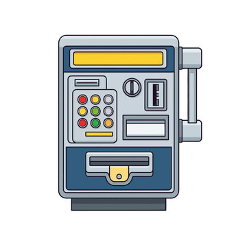 Automated payment kiosk machine with keypad and card slot, isolated on white background, illustration