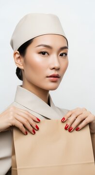 Young Asian woman in uniform holding a brown paper bag, looking directly at the camera with a serious expression.
