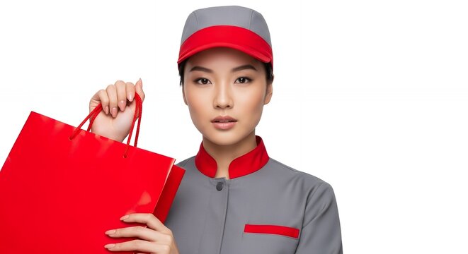 Young Asian woman in uniform holding a red shopping bag, looking directly at the camera with a serious expression.