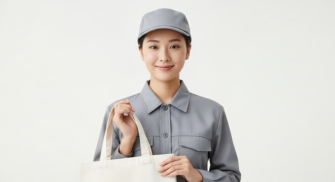 Young asian woman in uniform holding bag on white background