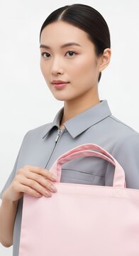 Young Asian woman with a light pink tote bag, looking directly at the camera with a neutral expression, wearing a light blue collared shirt.