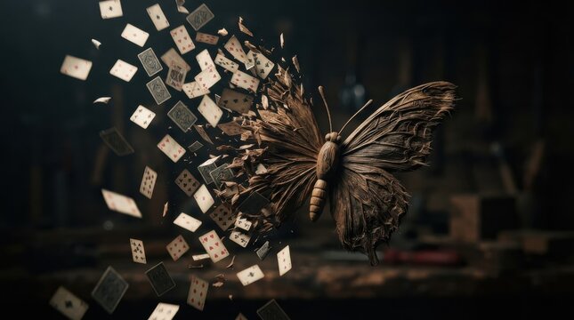 Wooden butterfly made of playing cards transforming in workshop
