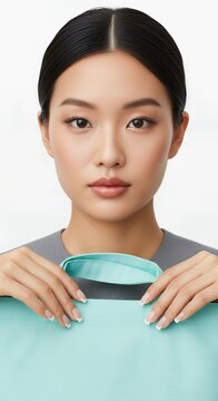 Young Asian woman with a serious expression, holding a turquoise object, looking directly at the camera.