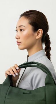 Young Asian woman with a stylish green tote bag, looking to the side with a thoughtful expression, showcasing modern fashion and accessories.