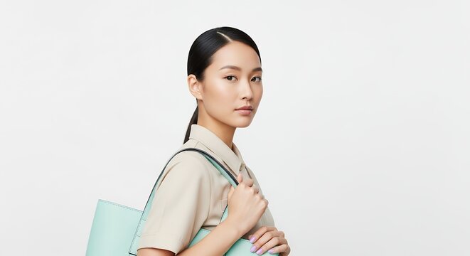 Young asian woman with a yoga mat posing against a white background