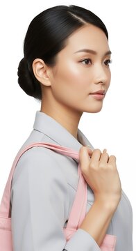 Young Asian Woman with Elegant Bun Hairstyle and Pink Backpack.