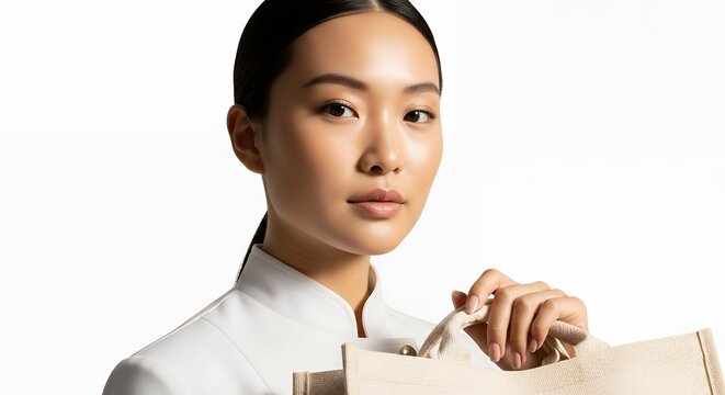Young Asian woman with elegant style holding a shopping bag, looking directly at the camera with a serene expression.