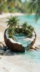 Fototapeta premium Miniature tropical island oasis inside a coconut shell on a sandy beach