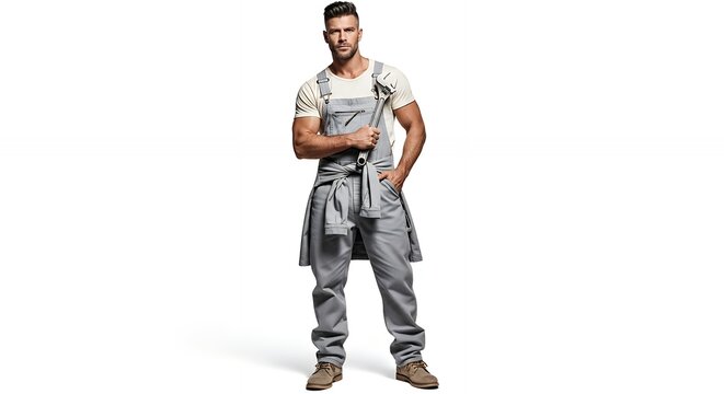 Young man in work overalls poses confidently against a bright white background